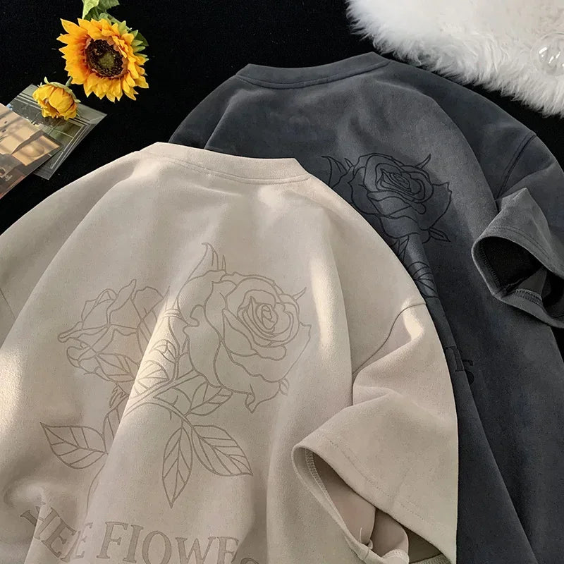 Summer Goth Flowers Design Printed Tshirts for Men Y2K Vintage Short Sleeve T-Shirts Hip Hop Fashion Streetwear Cotton Tee Shirt