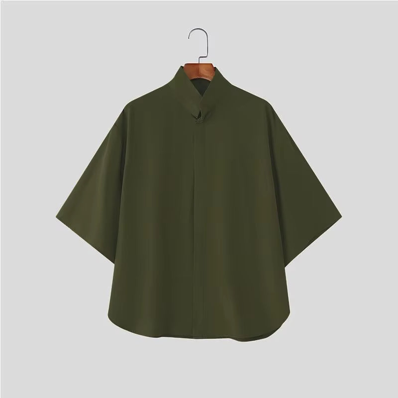 Japanese Style Men Stand Collar Half Sleeve Shirt Loose Oversized Solid Color Hidden Button Casual Blouse Lightweight Streetwear