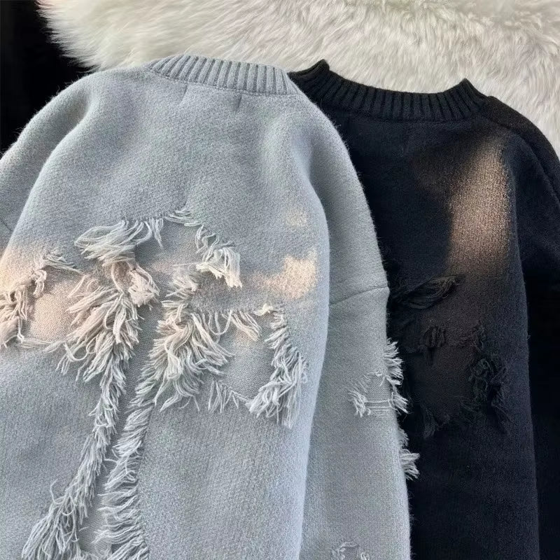 2025 Y2K Streetwear Sweater Men New Retro Hole Fringed Sweater Loose Versatile Knitwear Pullovers Long Sleeve Jumpers Clothing