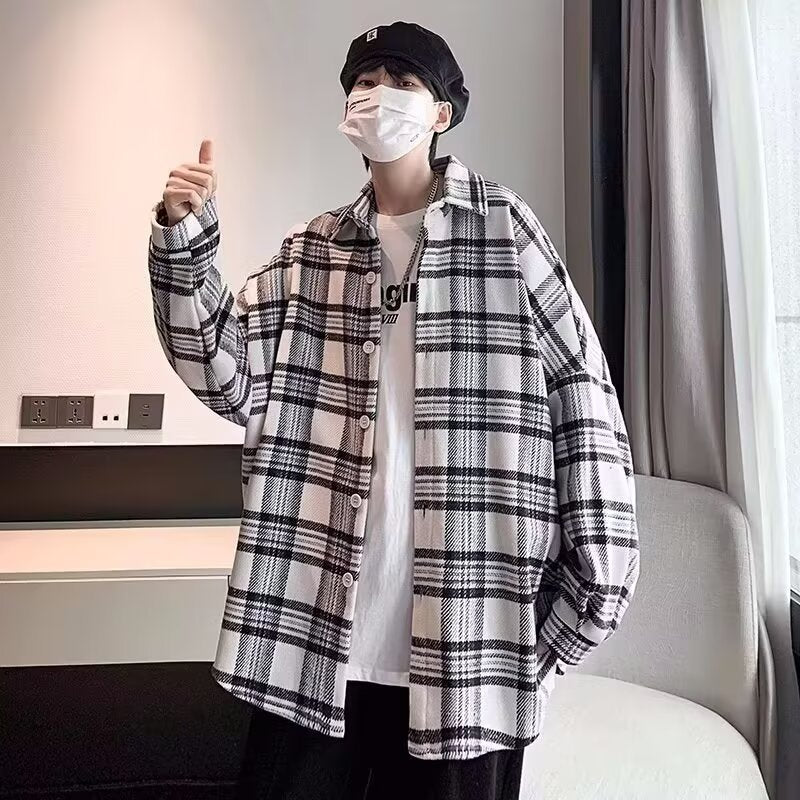 Fashion Personality Plaid Long-Sleeved Shirt Men