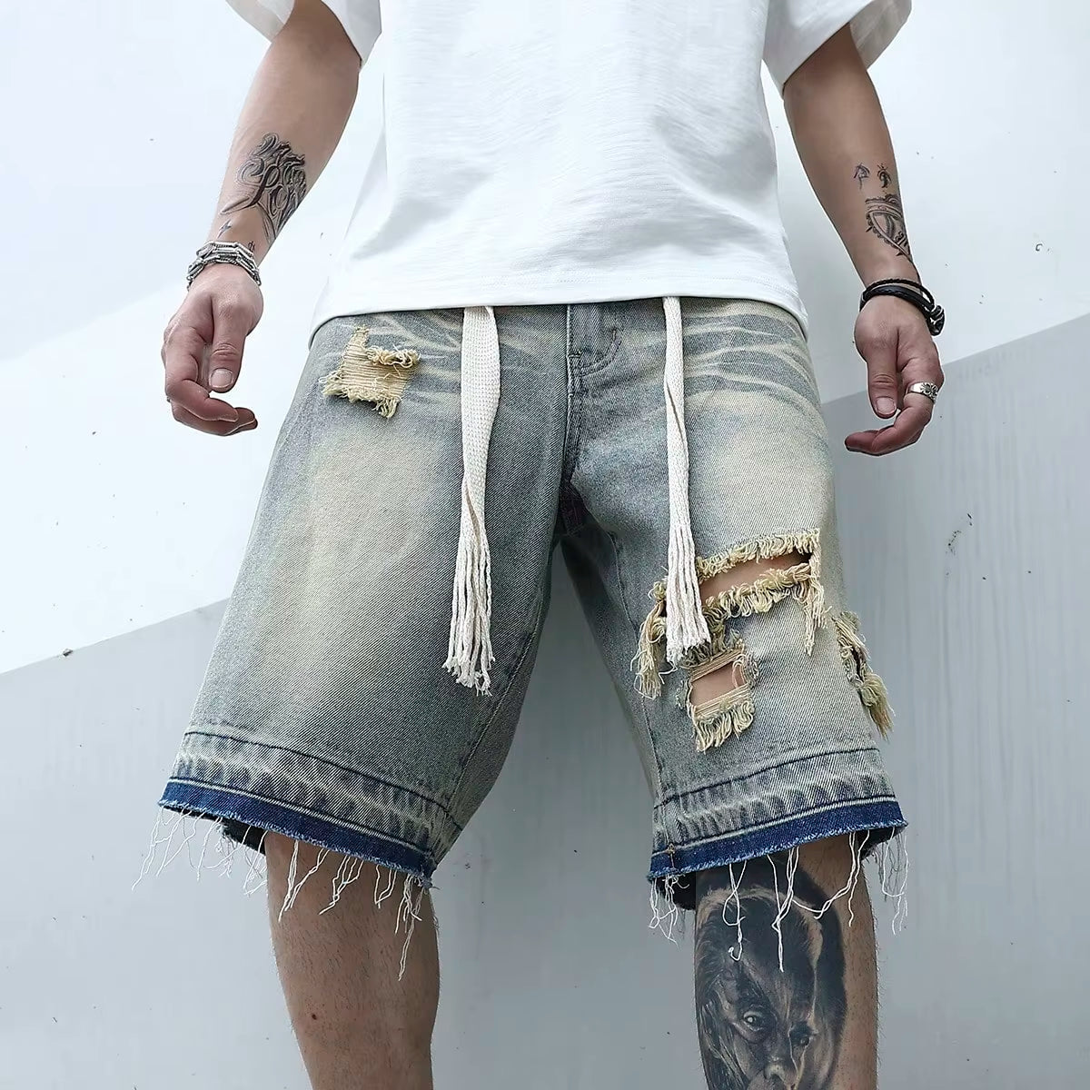 Men Summer Stretchy Denim Jeans Shorts for Men Cargo Casual Wide Leg Elastic Waist Ripped Cargo Baggy Shorts Y2K Streetwear Pant