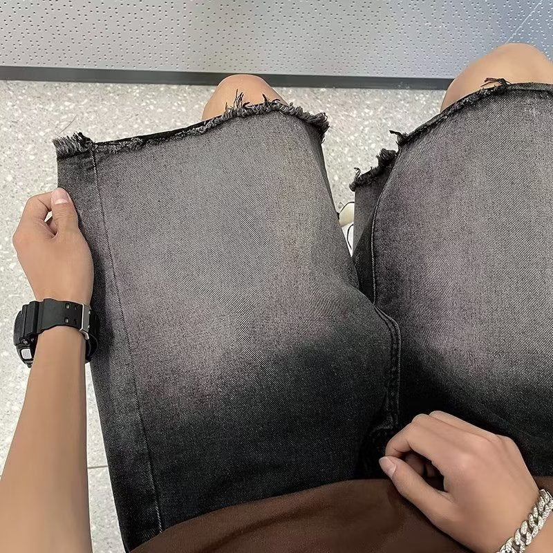 Thin Gradient Raw Edge Denim Shorts for Men
