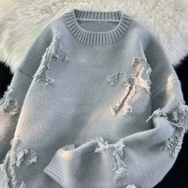 2025 Y2K Streetwear Sweater Men New Retro Hole Fringed Sweater Loose Versatile Knitwear Pullovers Long Sleeve Jumpers Clothing