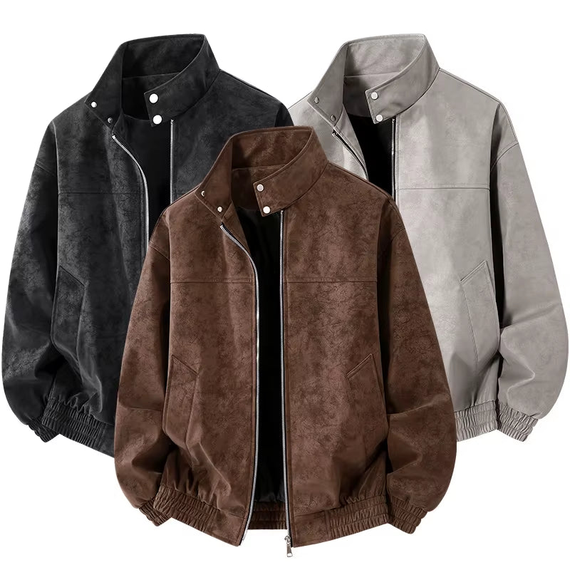 Men Stand Collar Style Streetwear Casual Leather Jacket Motorcycle Bomber Spring Autumn Stand Collar Leather Jacket