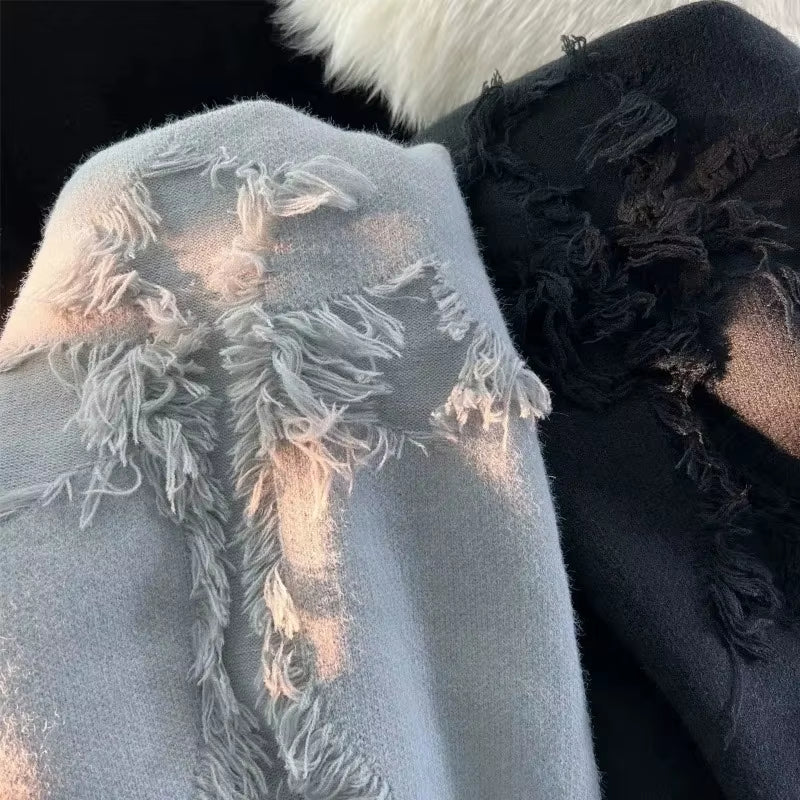 2025 Y2K Streetwear Sweater Men New Retro Hole Fringed Sweater Loose Versatile Knitwear Pullovers Long Sleeve Jumpers Clothing