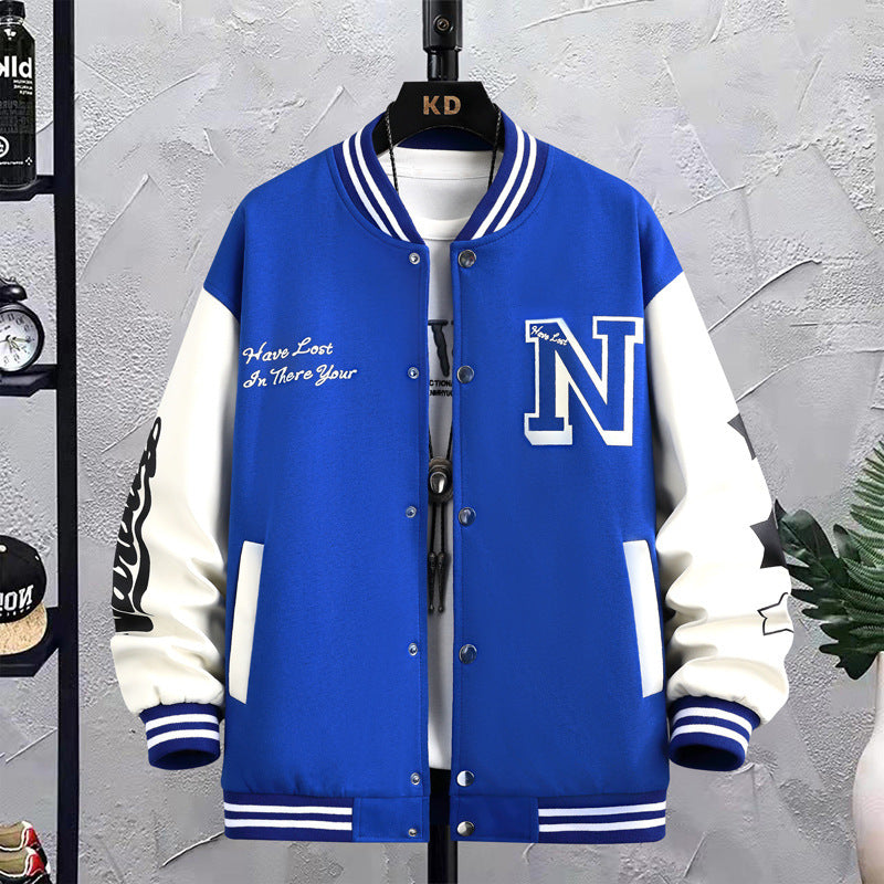 Letter Print Color Block Jacket Ins Fashion Loose Button round Neck Baseball Coat Top for Men