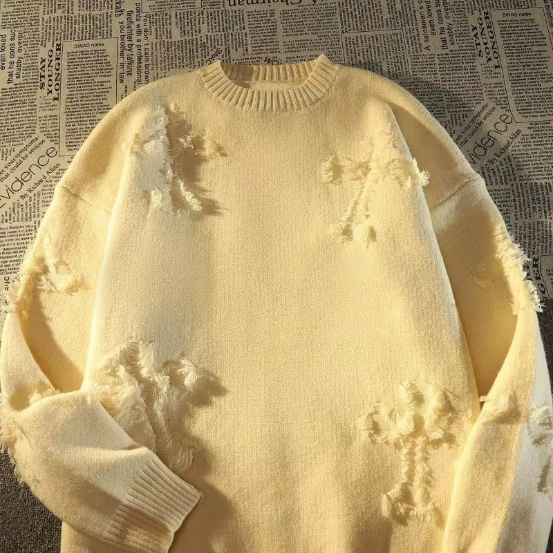 2025 Y2K Streetwear Sweater Men New Retro Hole Fringed Sweater Loose Versatile Knitwear Pullovers Long Sleeve Jumpers Clothing