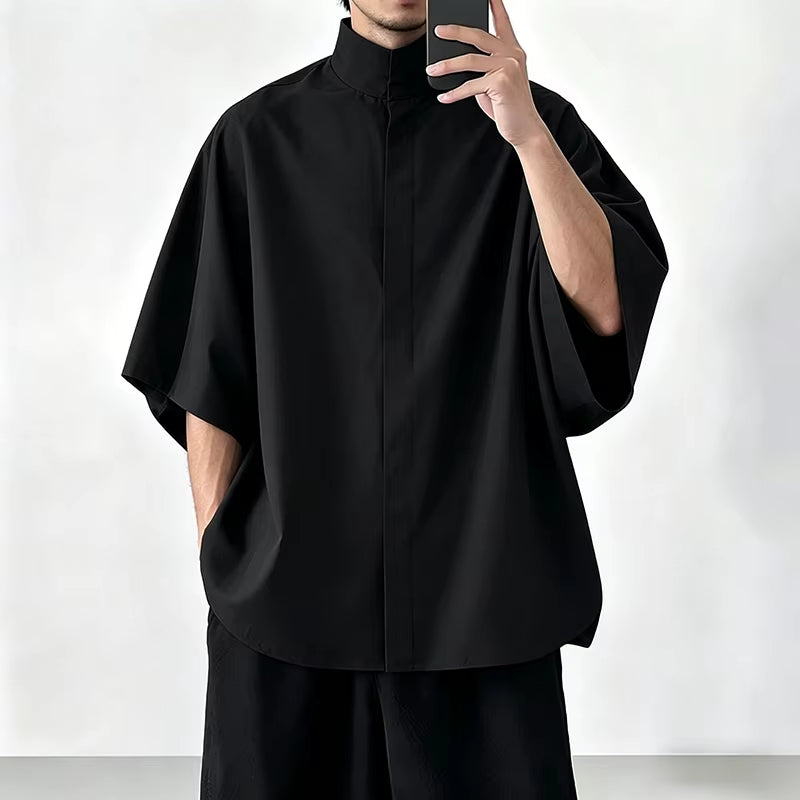 Japanese Style Men Stand Collar Half Sleeve Shirt Loose Oversized Solid Color Hidden Button Casual Blouse Lightweight Streetwear