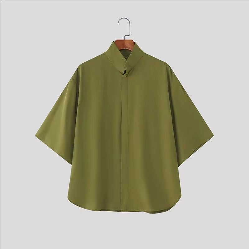 Japanese Style Men Stand Collar Half Sleeve Shirt Loose Oversized Solid Color Hidden Button Casual Blouse Lightweight Streetwear