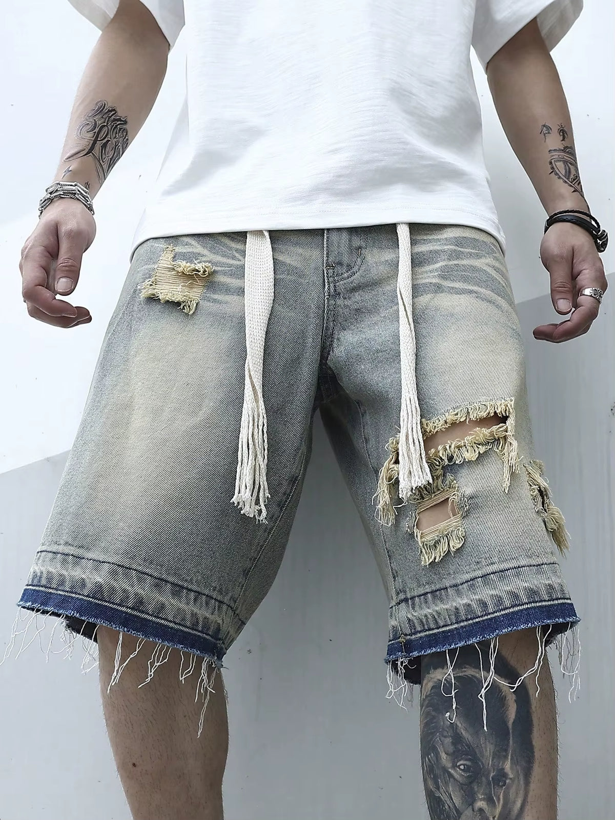 Men Summer Stretchy Denim Jeans Shorts for Men Cargo Casual Wide Leg Elastic Waist Ripped Cargo Baggy Shorts Y2K Streetwear Pant