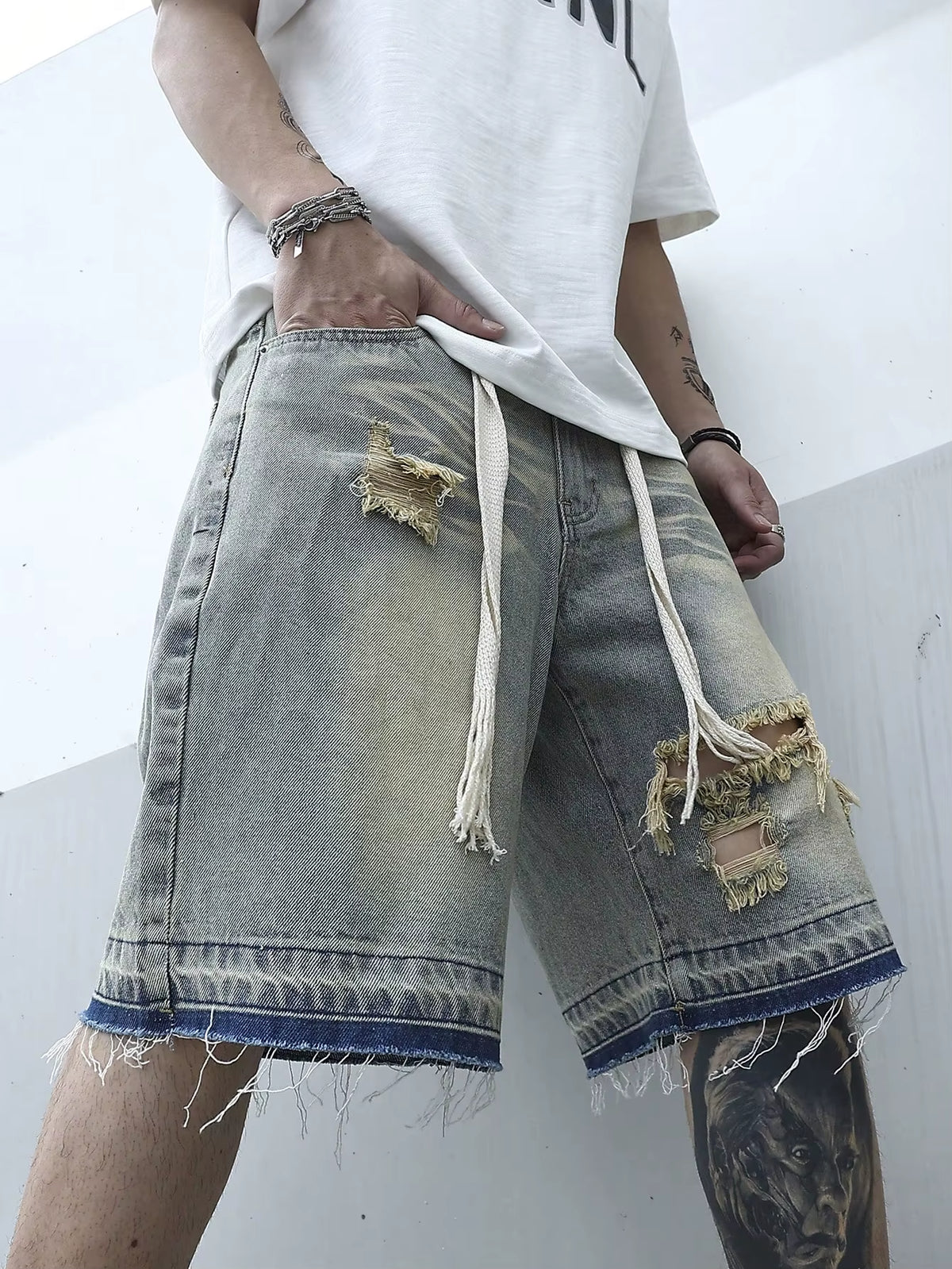 Men Summer Stretchy Denim Jeans Shorts for Men Cargo Casual Wide Leg Elastic Waist Ripped Cargo Baggy Shorts Y2K Streetwear Pant