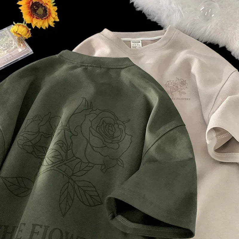Summer Goth Flowers Design Printed Tshirts for Men Y2K Vintage Short Sleeve T-Shirts Hip Hop Fashion Streetwear Cotton Tee Shirt