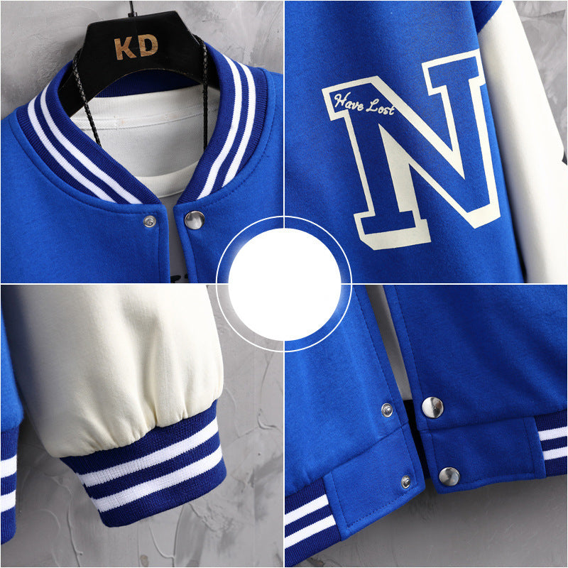 Letter Print Color Block Jacket Ins Fashion Loose Button round Neck Baseball Coat Top for Men