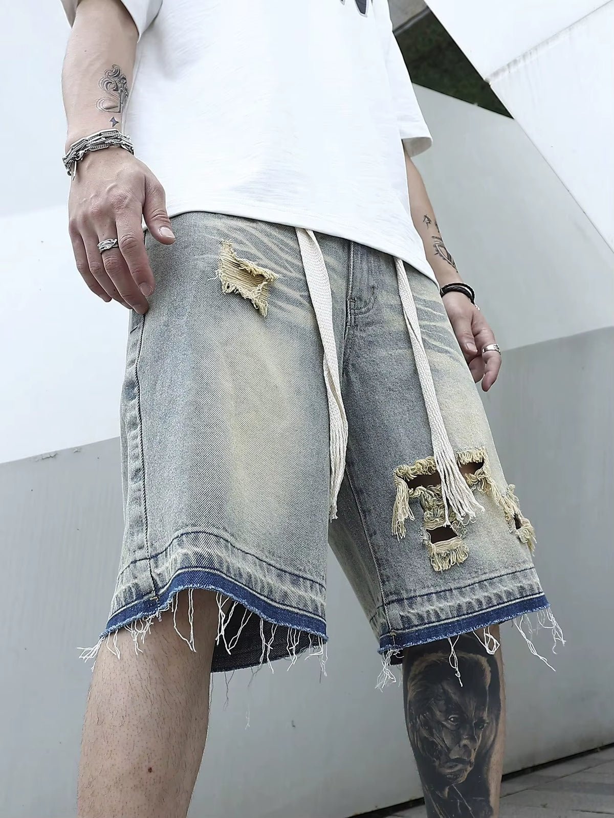 Men Summer Stretchy Denim Jeans Shorts for Men Cargo Casual Wide Leg Elastic Waist Ripped Cargo Baggy Shorts Y2K Streetwear Pant
