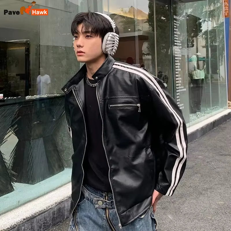 Retro Leather Jacket Men Women American Patchwork Strip Racing Outerwear Loose Hip Hop Zippers Brown PU Coat Streetwear Spring