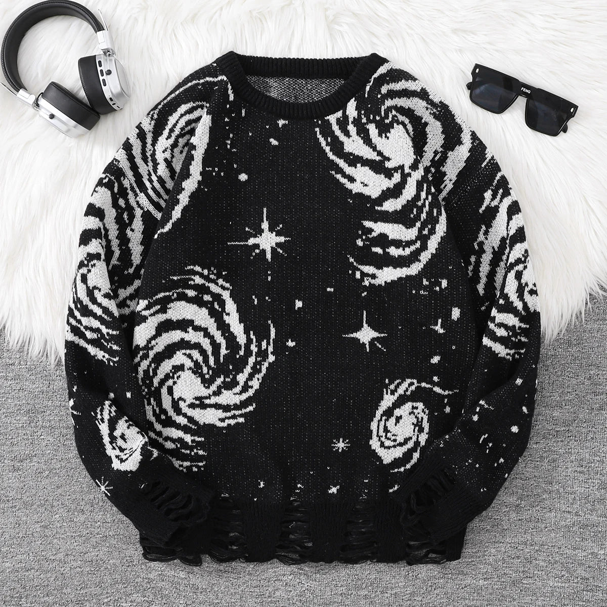 New Trendy Street Style Ripped Abstract Starry Sky Pattern Pullover Sweater Casual round Neck Knitted Men'S Pullover