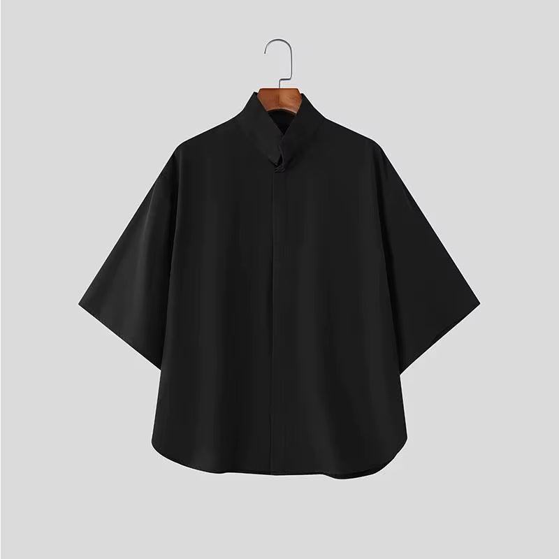 Japanese Style Men Stand Collar Half Sleeve Shirt Loose Oversized Solid Color Hidden Button Casual Blouse Lightweight Streetwear