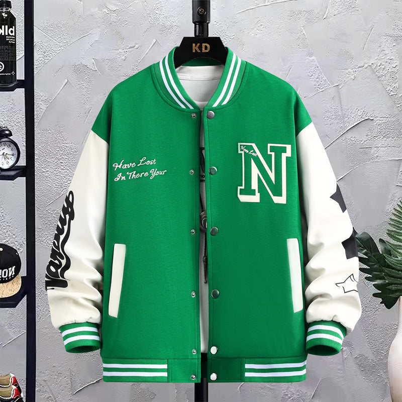 Letter Print Color Block Jacket Ins Fashion Loose Button round Neck Baseball Coat Top for Men
