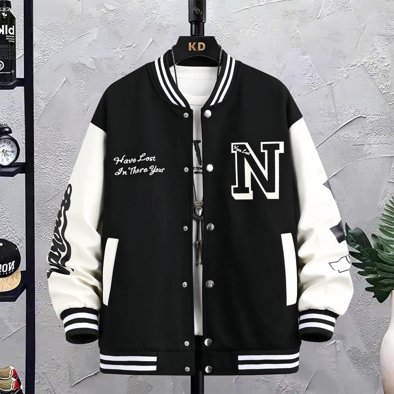Letter Print Color Block Jacket Ins Fashion Loose Button round Neck Baseball Coat Top for Men