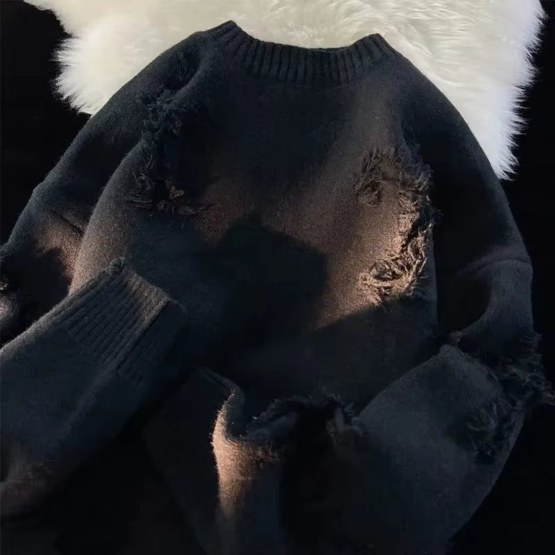 2025 Y2K Streetwear Sweater Men New Retro Hole Fringed Sweater Loose Versatile Knitwear Pullovers Long Sleeve Jumpers Clothing