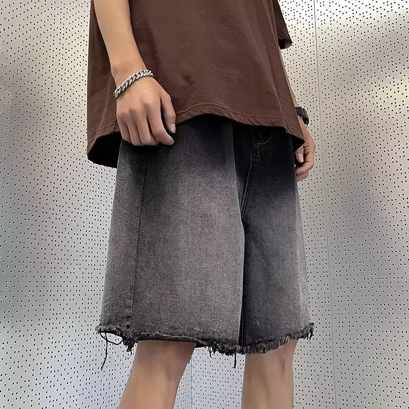 Thin Gradient Raw Edge Denim Shorts for Men