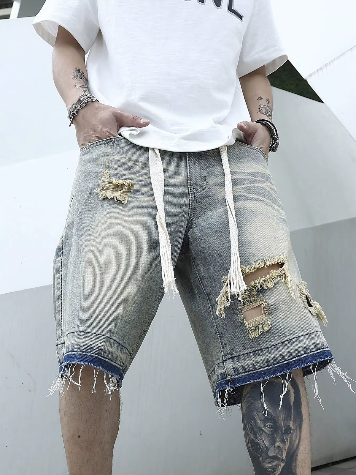 Men Summer Stretchy Denim Jeans Shorts for Men Cargo Casual Wide Leg Elastic Waist Ripped Cargo Baggy Shorts Y2K Streetwear Pant