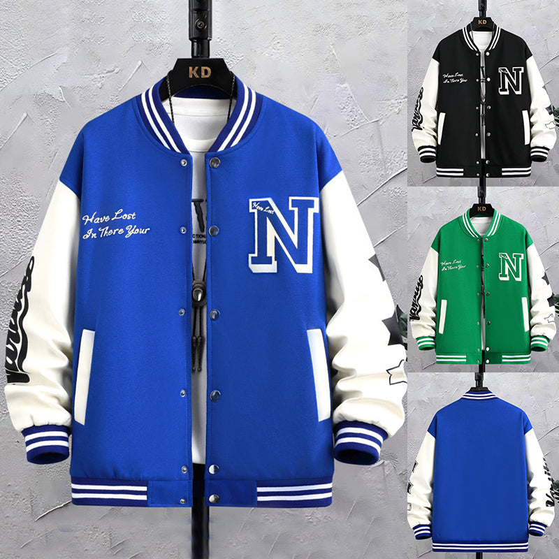 Letter Print Color Block Jacket Ins Fashion Loose Button round Neck Baseball Coat Top for Men