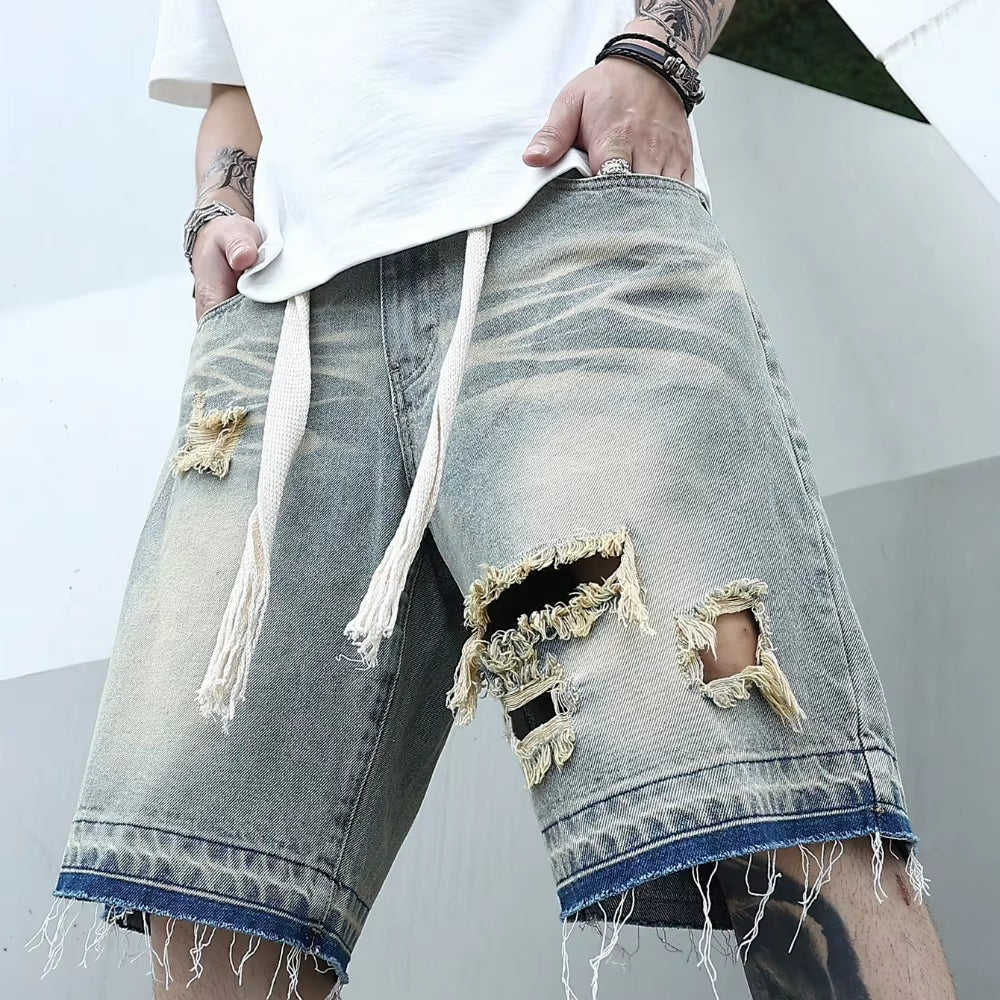 Men Summer Stretchy Denim Jeans Shorts for Men Cargo Casual Wide Leg Elastic Waist Ripped Cargo Baggy Shorts Y2K Streetwear Pant