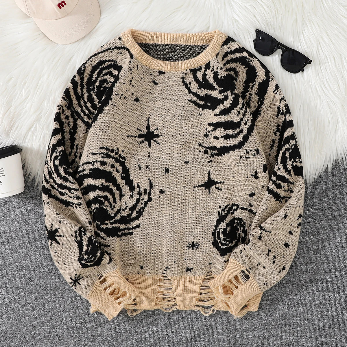 New Trendy Street Style Ripped Abstract Starry Sky Pattern Pullover Sweater Casual round Neck Knitted Men'S Pullover