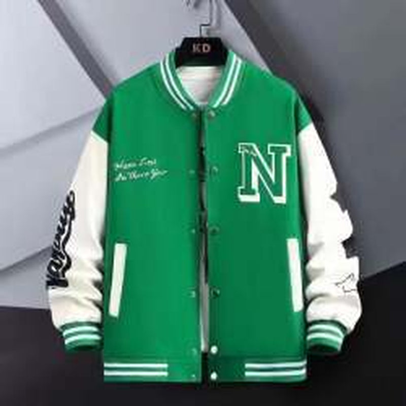 Letter Print Color Block Jacket Ins Fashion Loose Button round Neck Baseball Coat Top for Men